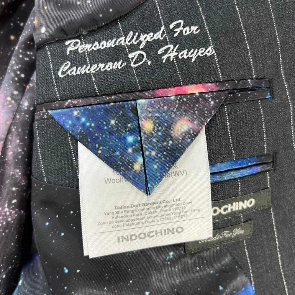 Indochino Pinstripe Blazer Mens 42R Gray‎ 100% Wool Galaxy Lining Custom Bespoke
